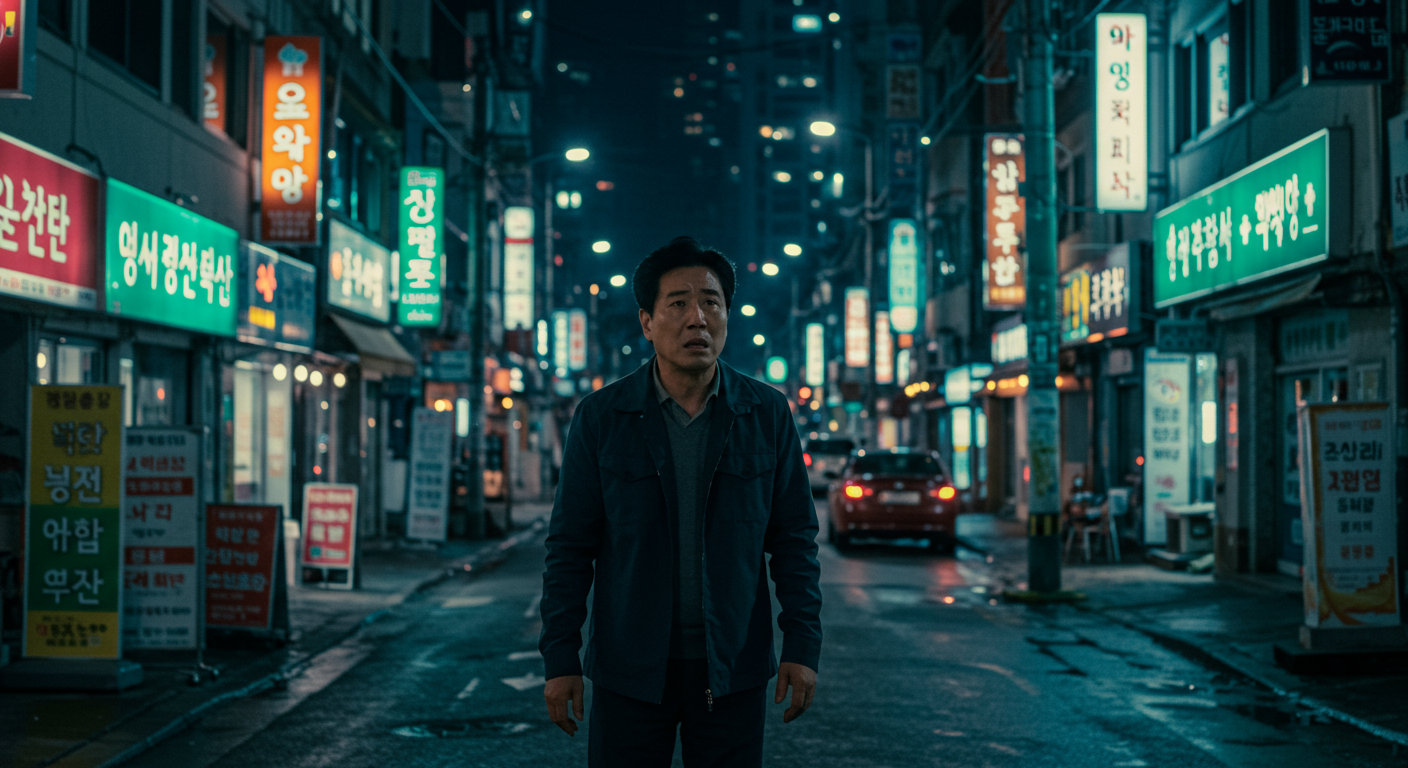 울산 시내 야간에 약국을 찾고 있는 걱정스러운 부모의 모습, 불빛이 비치는 거리와 약국 간판