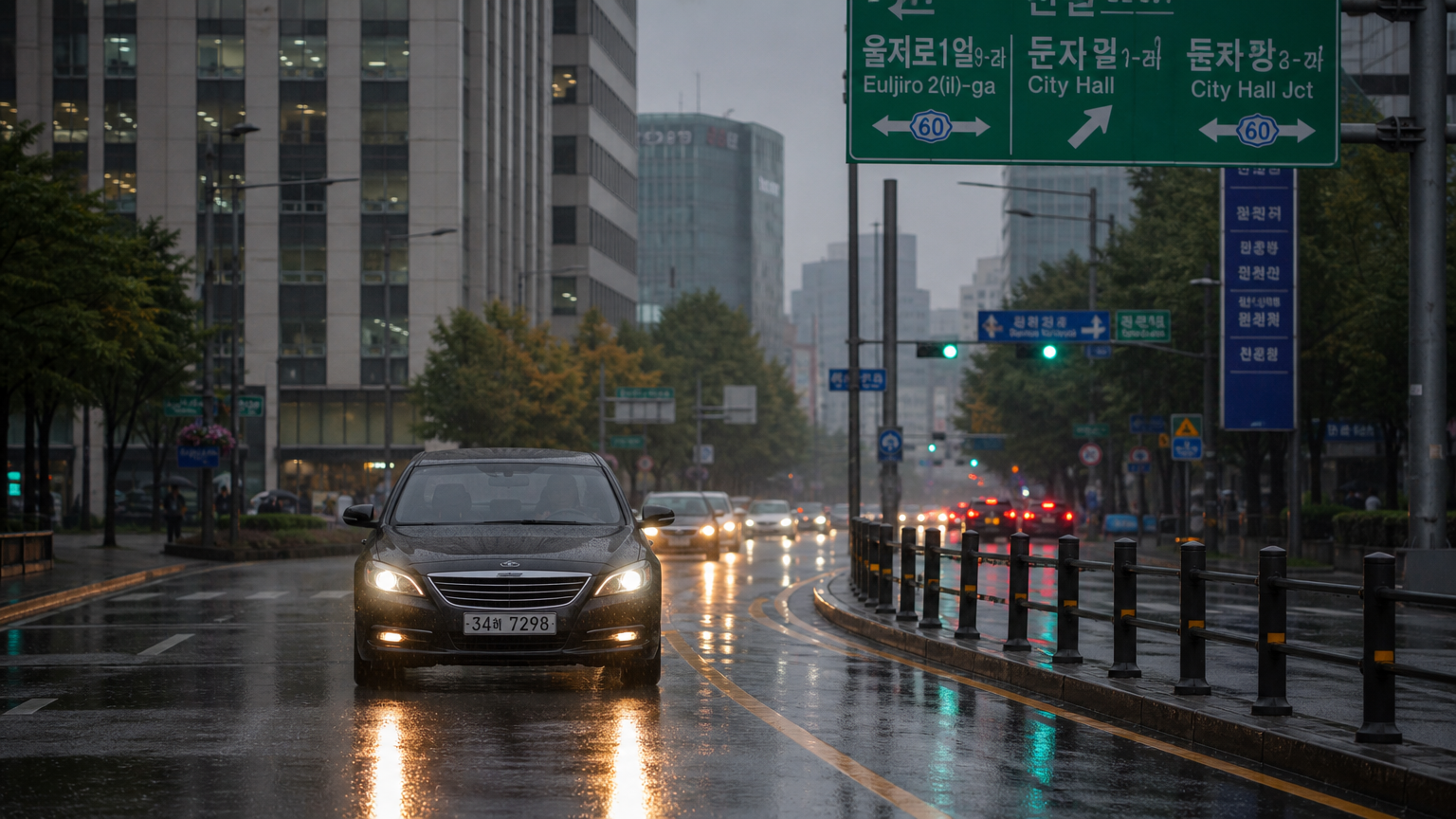 서울의 빗길에서 헤드라이트를 켜고 안전하게 운전하는 한국인 운전자