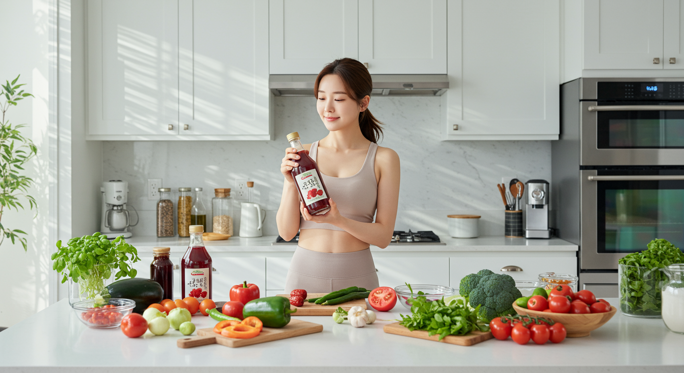 현대적인 주방에서 대추식초 병을 들고 있는 여성의 모습