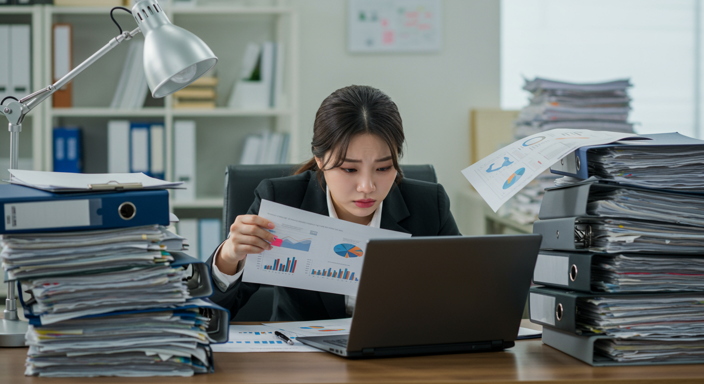 피로한 표정으로 책상에 앉아 서류와 노트북에 둘러싸인 현대 한국 직장인의 모습