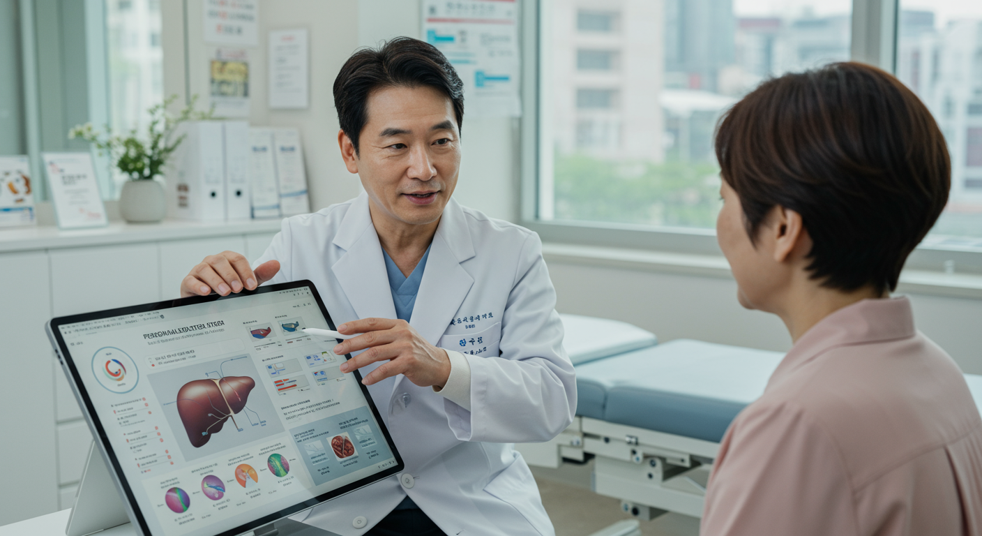 현대식 클리닉에서 차트와 태블릿을 이용해 개인 맞춤형 간 해독 프로토콜을 설명하는 한국 의료 전문가