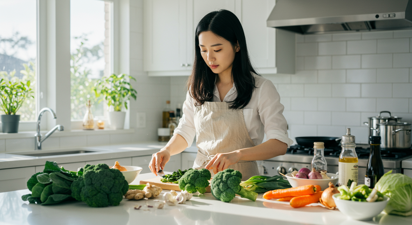 밝은 주방에서 마늘과 브로콜리, 케일 같은 채소를 준비하는 한국 여성