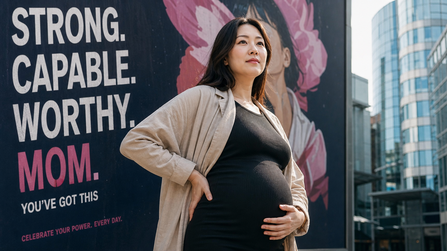 도시 배경 앞에서 당당한 포즈를 취하며 힘찬 메시지를 전하는 임산부