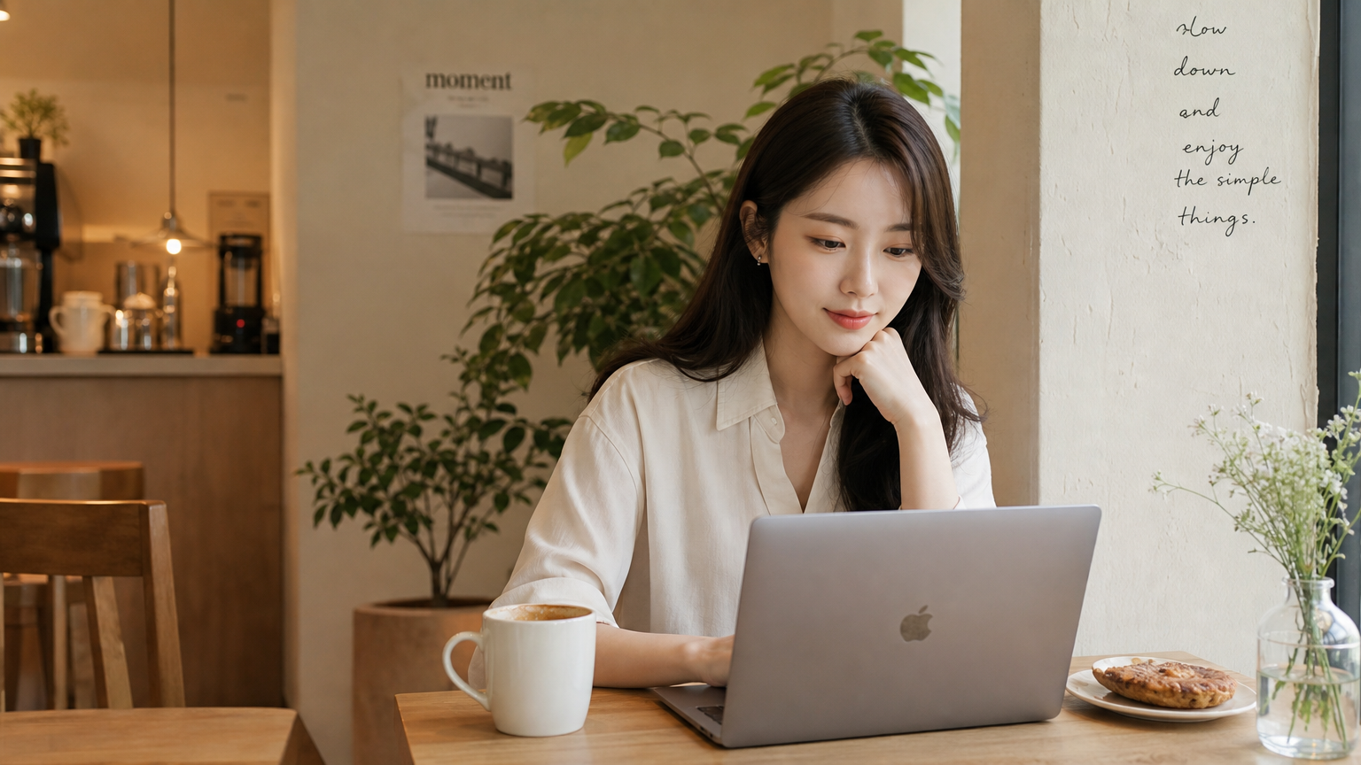 카페에서 노트북으로 블로그를 읽고 있는 한국인 직장인의 편안한 모습