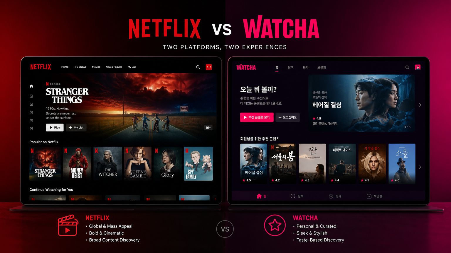 넷플릭스와 왓챠 인터페이스가 나란히 배치된 화면 비교