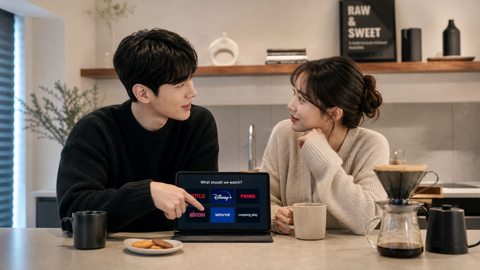 집에서 커피를 마시며 스트리밍 서비스를 논의하는 현대적인 부부
