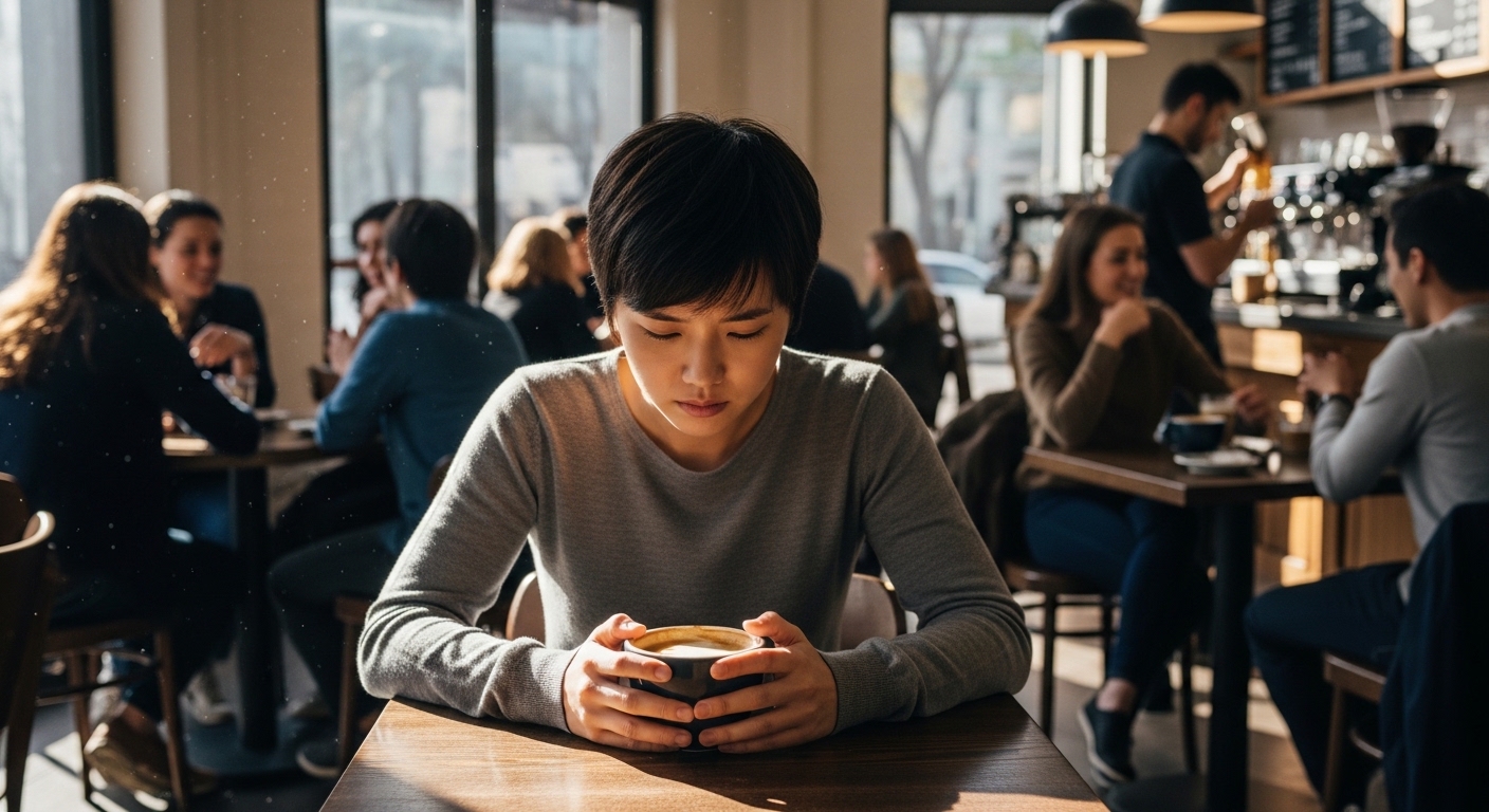커피숍에서 혼자 앉아 불안해하는 젊은이의 모습