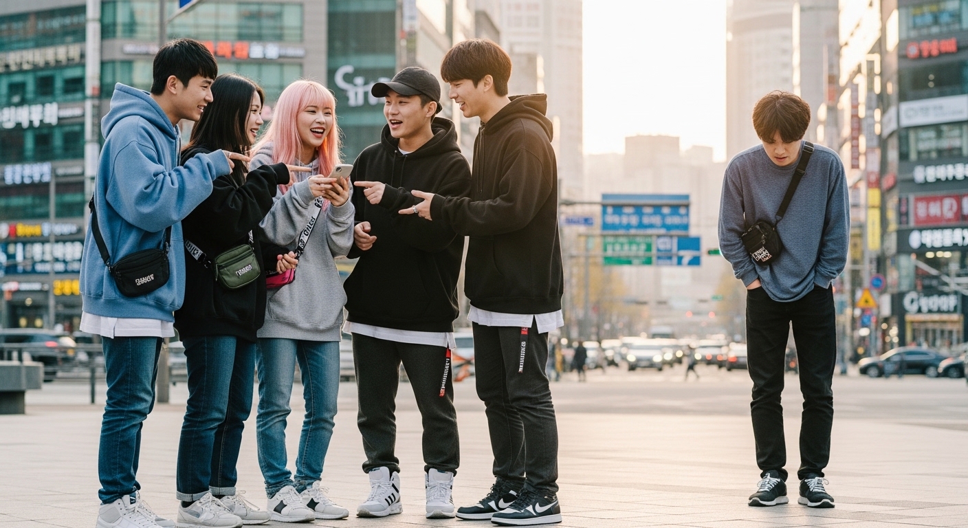 도심 속에서 친구들과 어울리지 못하고 떨어져 있는 청년의 모습