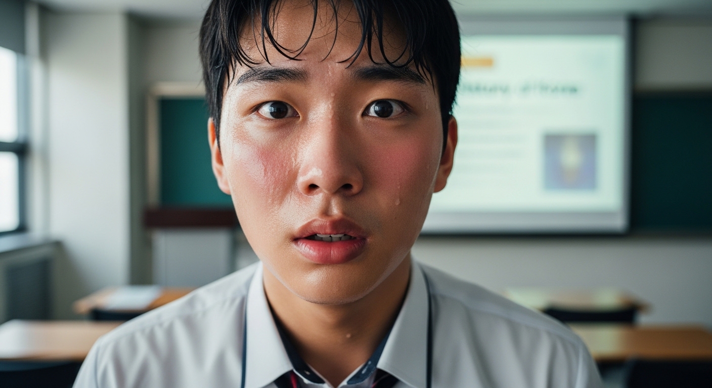 발표 준비 중 긴장한 학생의 클로즈업 모습