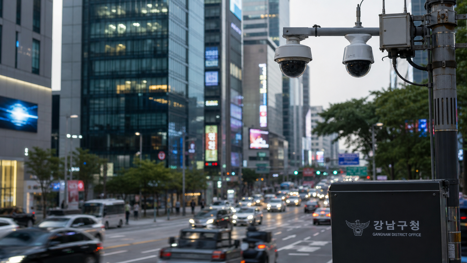 AI 기반 CCTV가 설치된 첨단 기술의 강남 거리