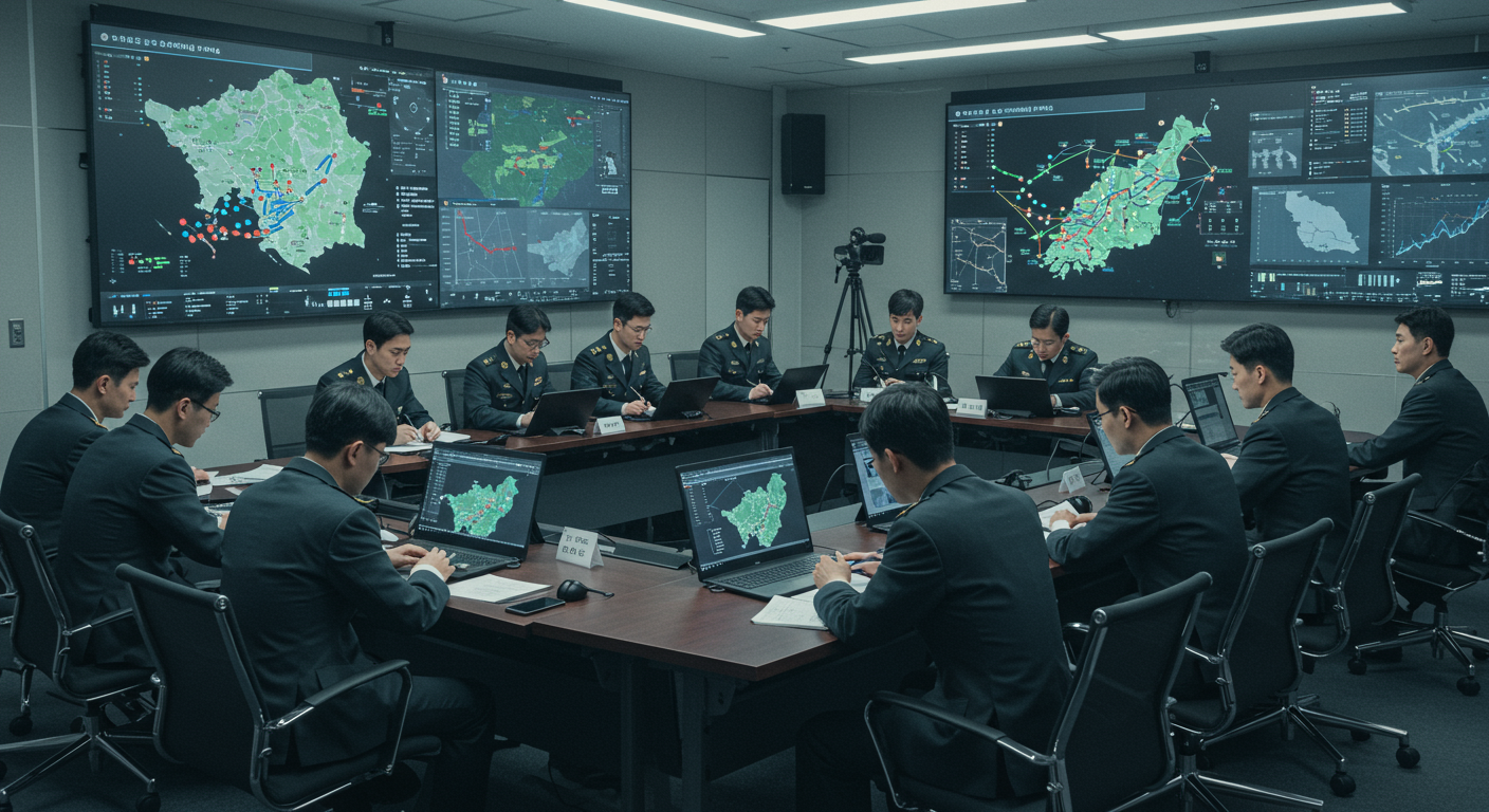 현대 회의실에서 디지털 지도와 데이터 화면을 보며 토론하는 전문가들