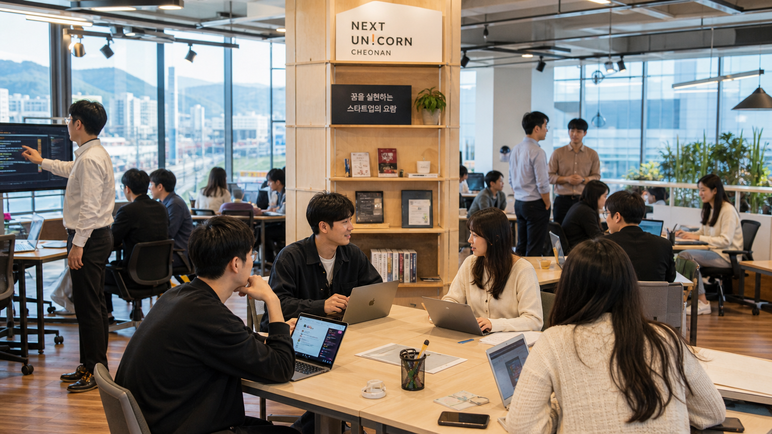 천안아산역 인근 현대적인 공유 오피스 공간에서 네트워킹하는 젊은 창업가들