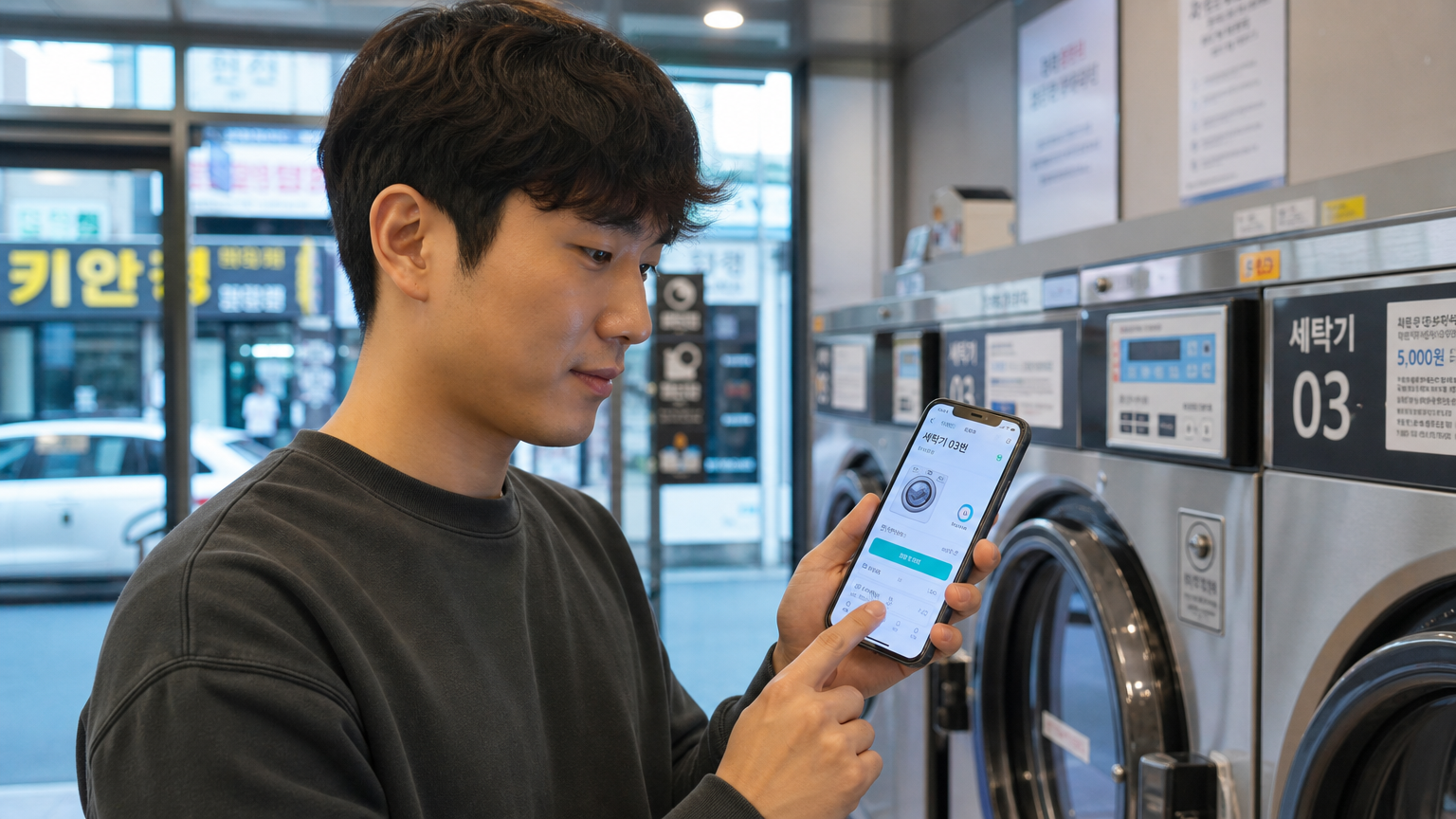 현대적인 한국 남성이 스마트폰으로 코인 세탁소의 세탁기를 예약하는 모습