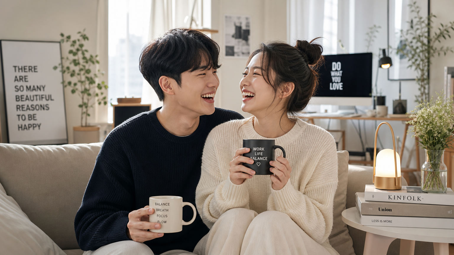 젊은 커플이 아늑한 아파트에서 웃고 있는 모습