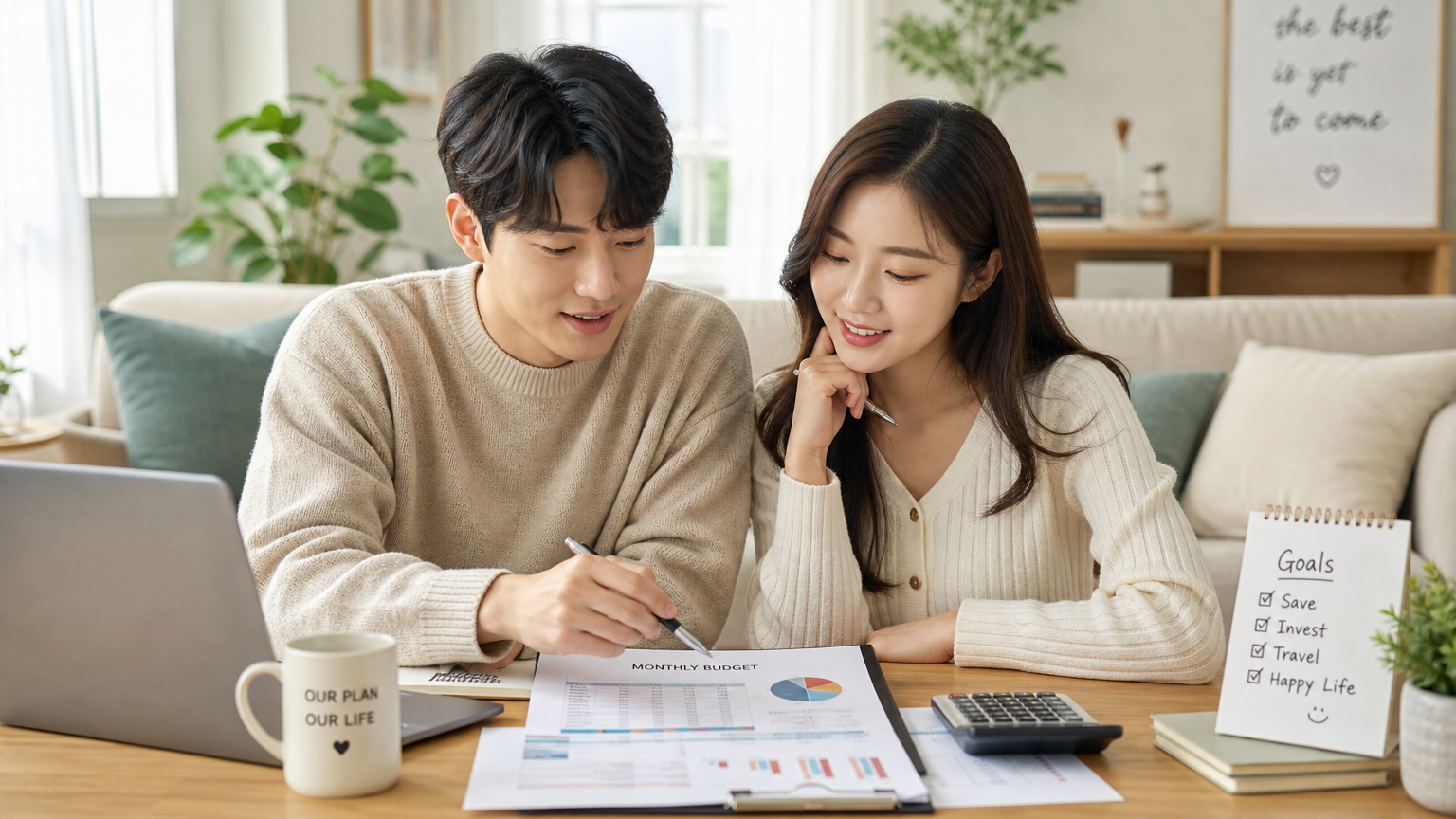테이블에 앉아 예산 계획을 논의하는 한국 커플