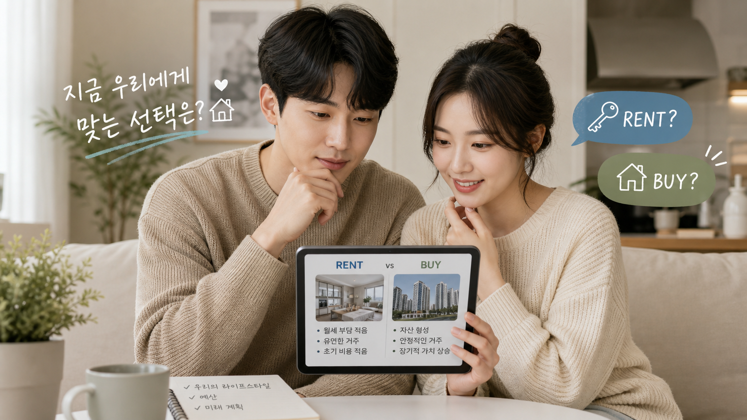 디지털 기기로 아파트를 검토하는 한국 커플
