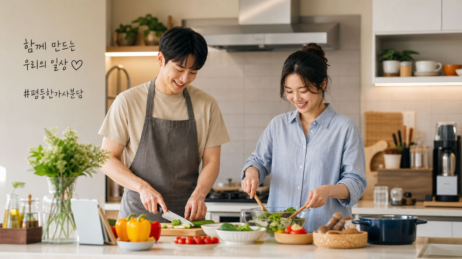 스타일리시한 주방에서 함께 요리하는 커플