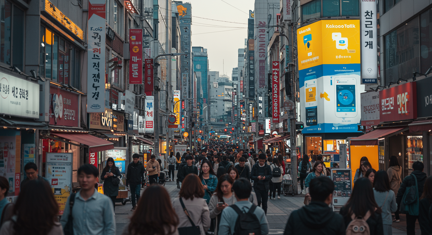 서울 거리에서 스마트폰을 사용하는 사람들, 광고판에는 카톡과 AI 플랫폼 진화를 나타냄