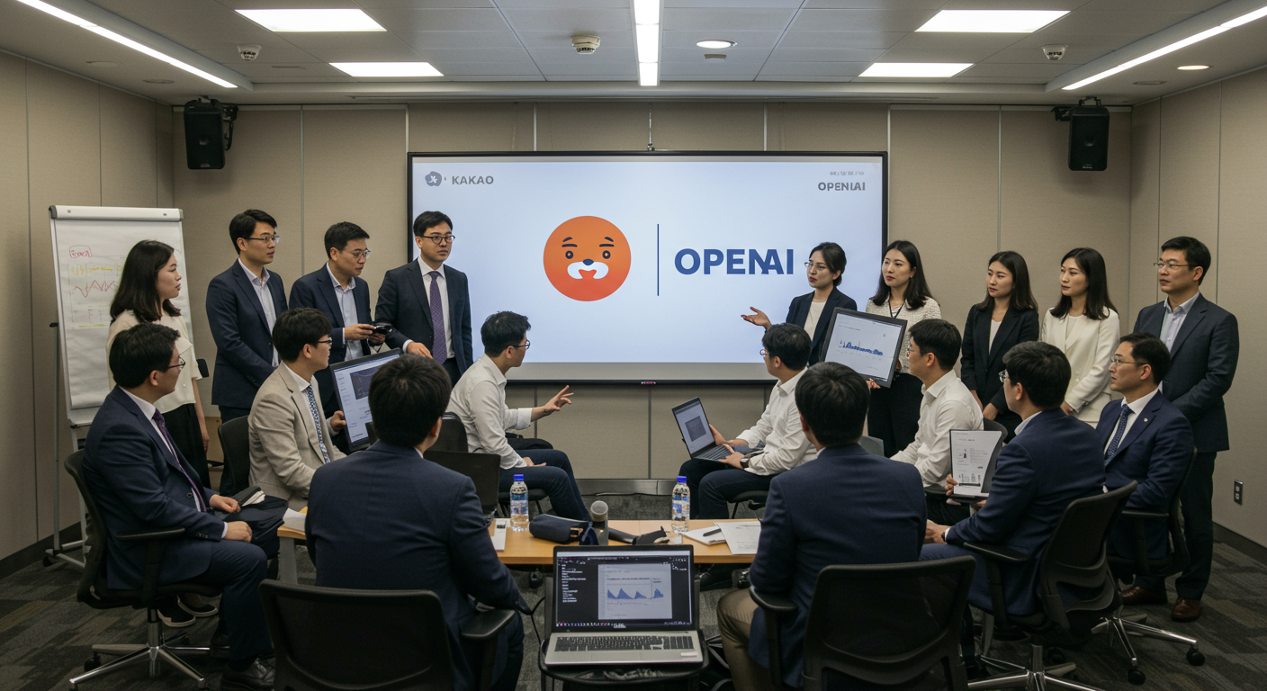 컨퍼런스에서 AI 발전에 대해 논의하는 한국 전문가들, 대형 화면에는 카카오와 OpenAI 로고