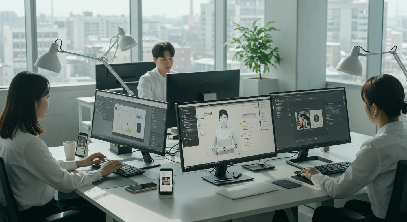 사무실에서 컴퓨터와 스마트폰을 사용하는 직원들, 화면에는 GPT-5 기능이 작동 중임