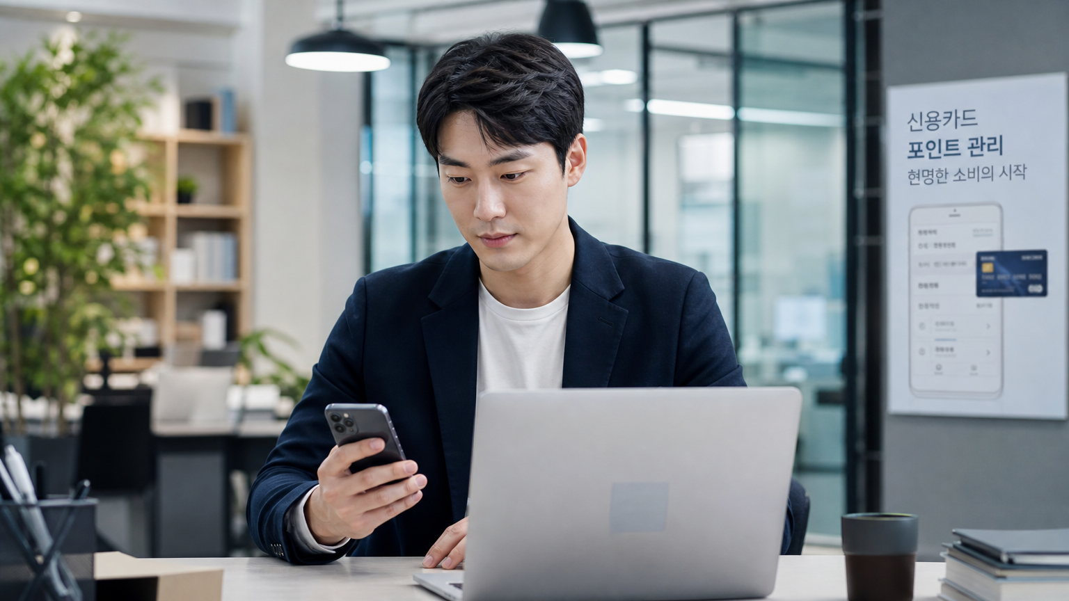 현대적인 사무실에서 스마트폰과 노트북으로 신용카드 포인트를 관리하는 젊은 직장인