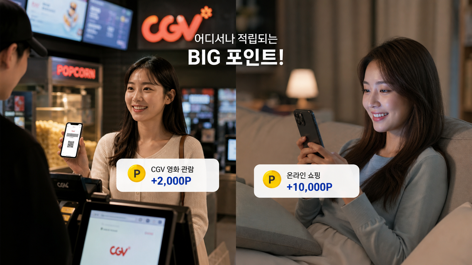 CGV 영화관에서 보너스 포인트를 적립하는 쇼핑객과 온라인 구매로 빅포인트를 적립하는 두 개의 화면 분할 장면
