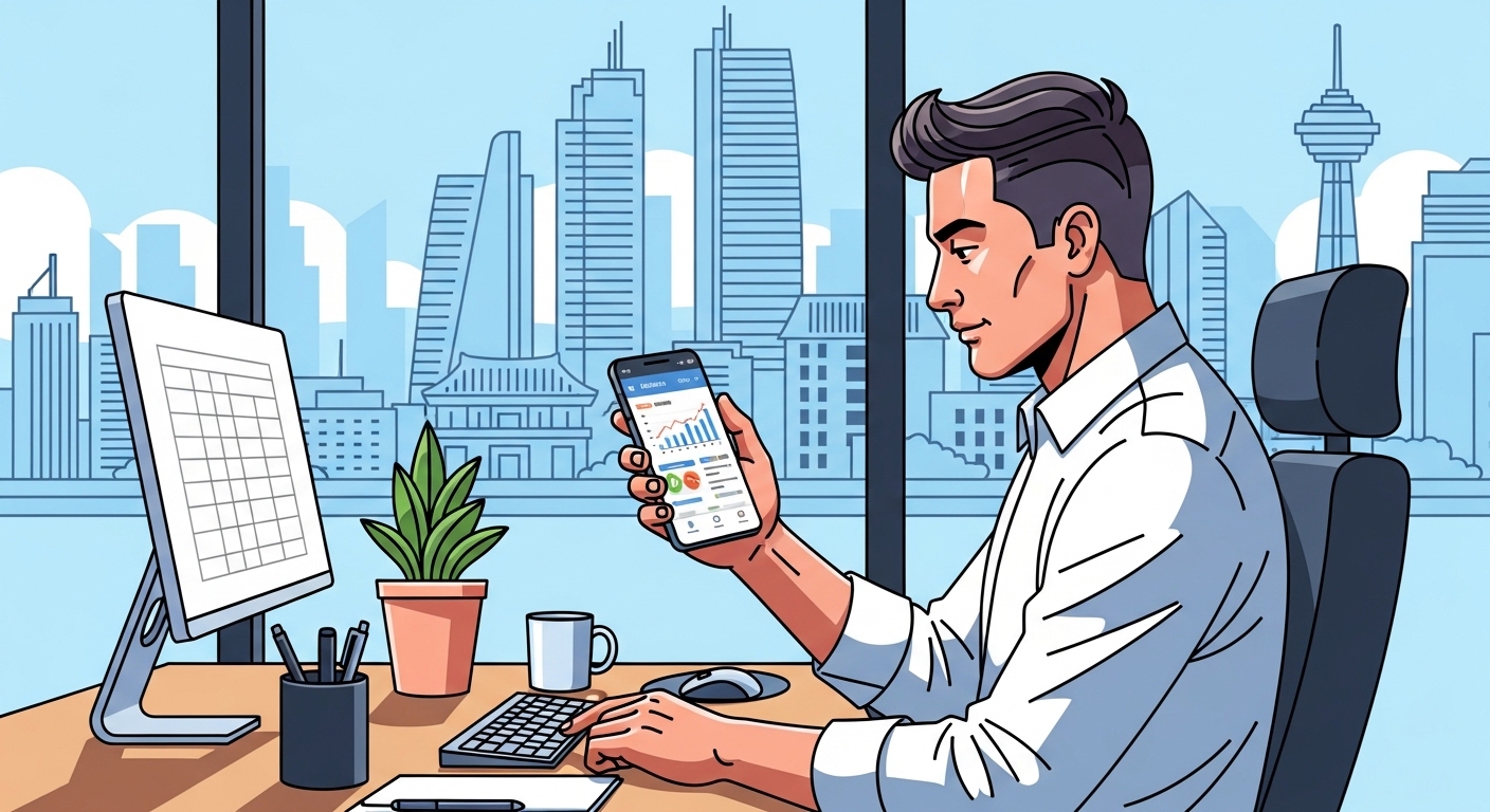 한국의 직장인이 사무실에서 스마트폰으로 뱅킹 앱을 사용하는 모습