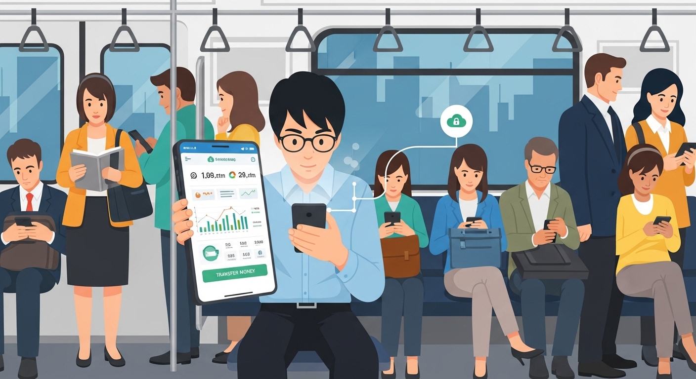 지하철에서 모바일 뱅킹 앱을 이용하는 젊은 한국인