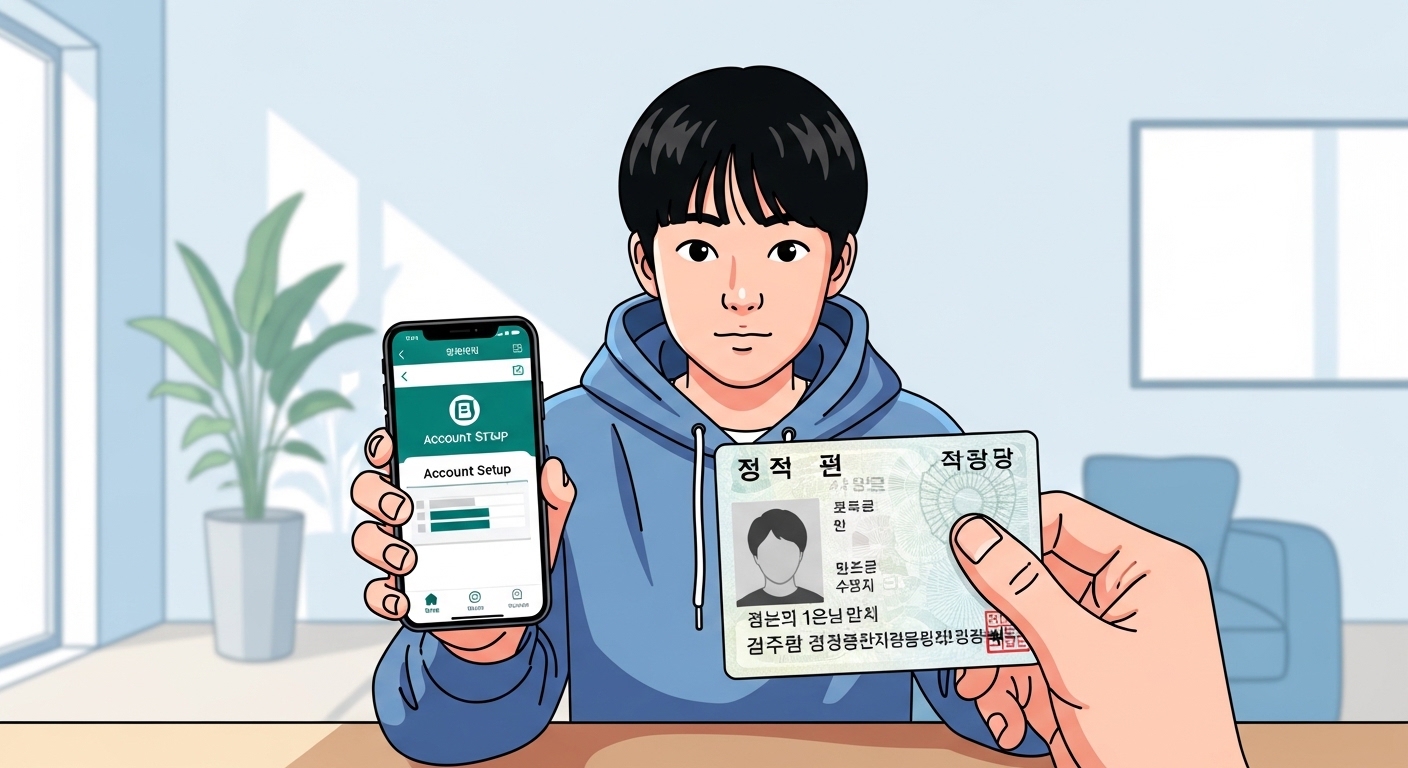 신분증과 스마트폰을 들고 온라인 계좌를 준비하는 한국 청소년