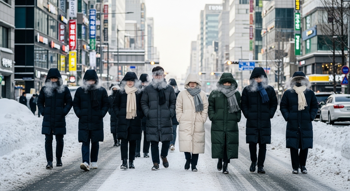 서울의 현대적인 거리에서 두꺼운 외투와 목도리를 두르고 눈 내리는 길을 걷는 사람들 모습