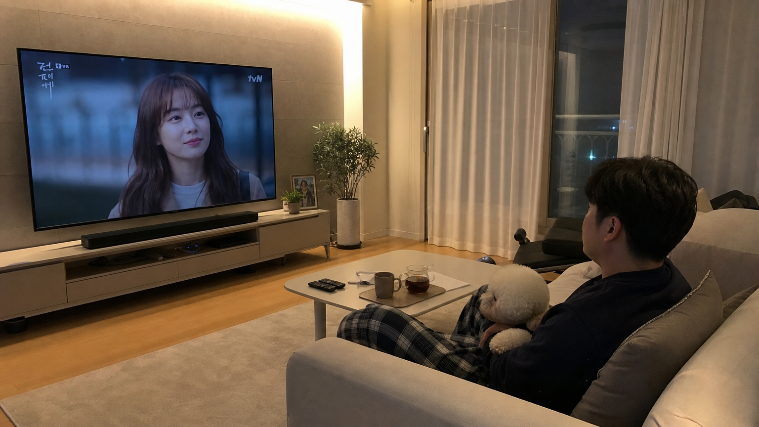 한국의 현대적인 거실에서 인기 드라마가 방영 중인 장면