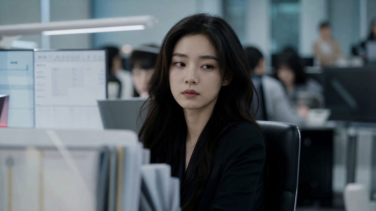 사무실에서 동료들과 거리감을 두고 있는 젊은 여성의 신비로운 모습