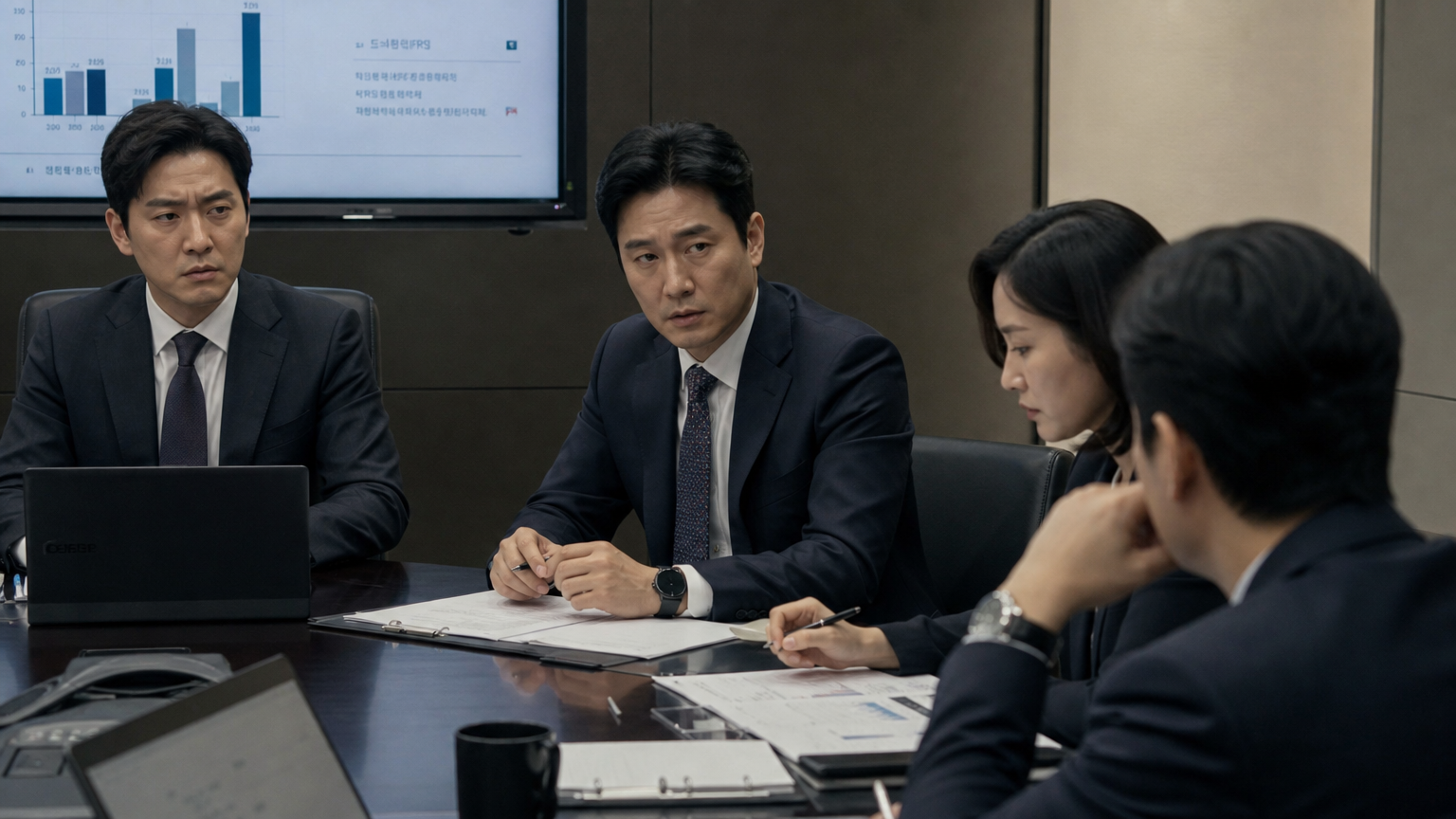 한국 직장인들이 진지한 표정으로 중요한 문제를 논의하는 회의실