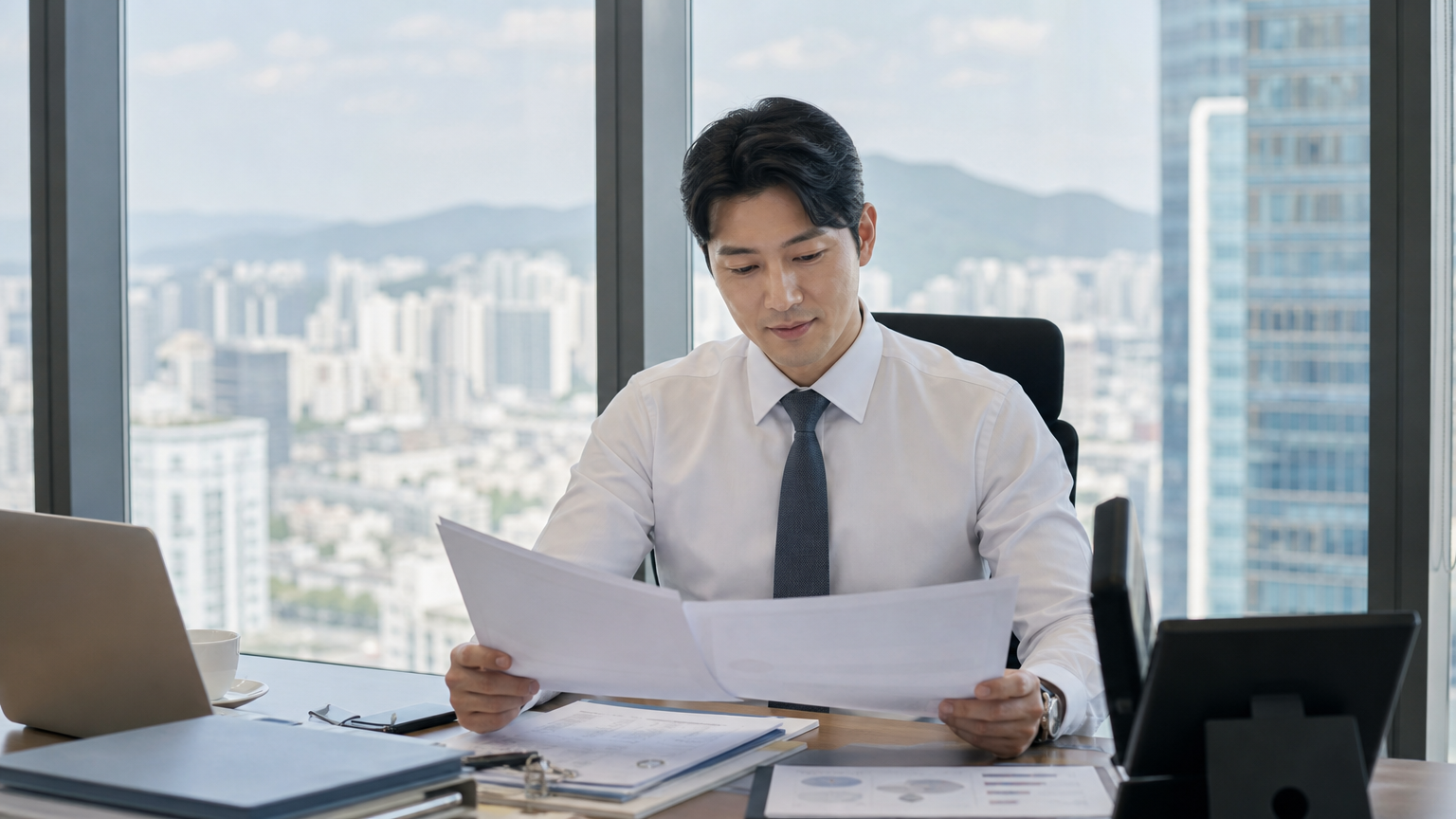 도심 전망이 보이는 창문 앞에서 서류를 검토하는 자신감 넘치는 남성 팀장의 모습
