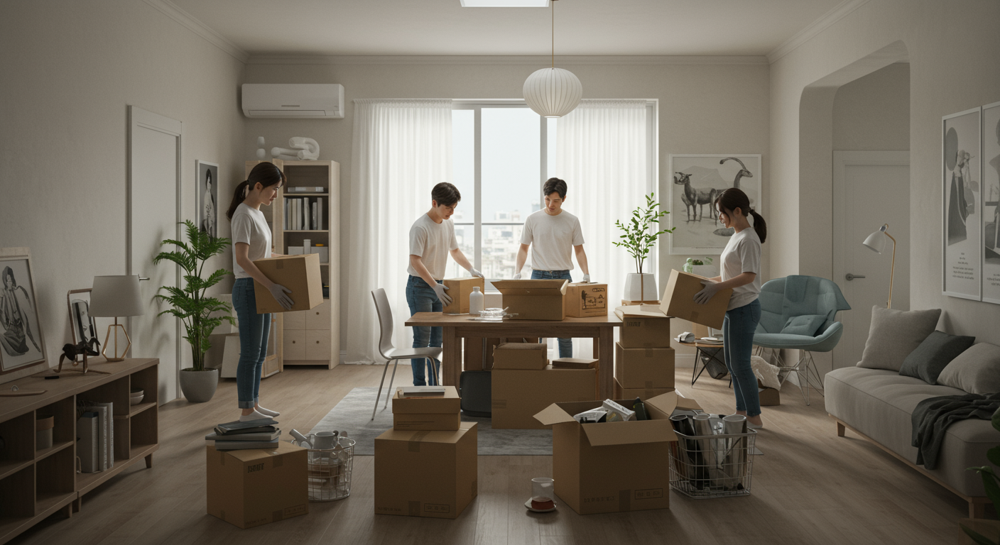 한국 아파트에서 전문 이삿짐센터 직원들이 짐을 효율적으로 포장하는 장면