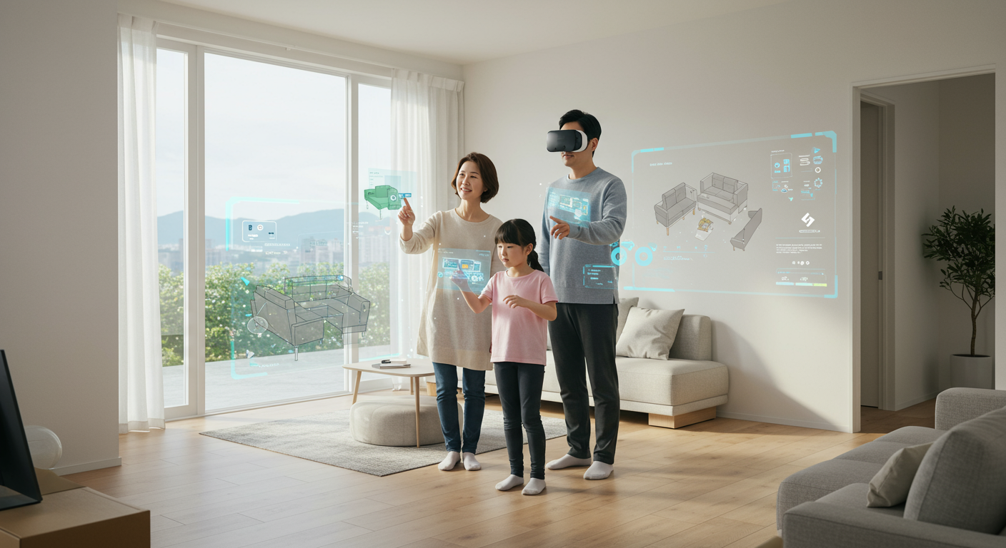 증강현실을 활용해 새 집 가구 배치를 계획하는 가족의 모습
