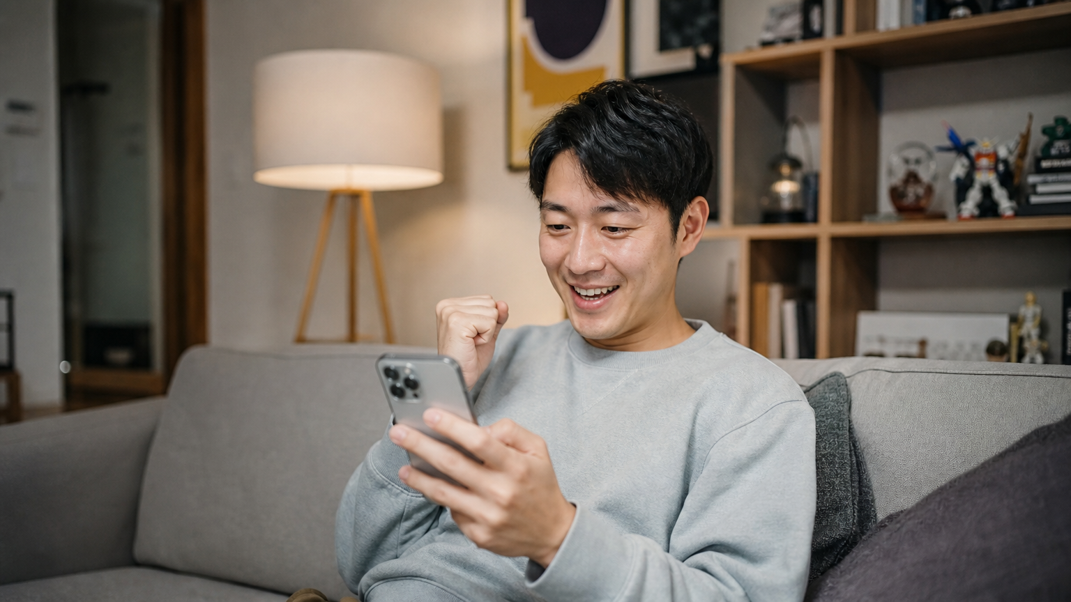최신 기술 기기를 기대하는 성인이 스마트폰을 보며 소파에 앉아 있는 모습