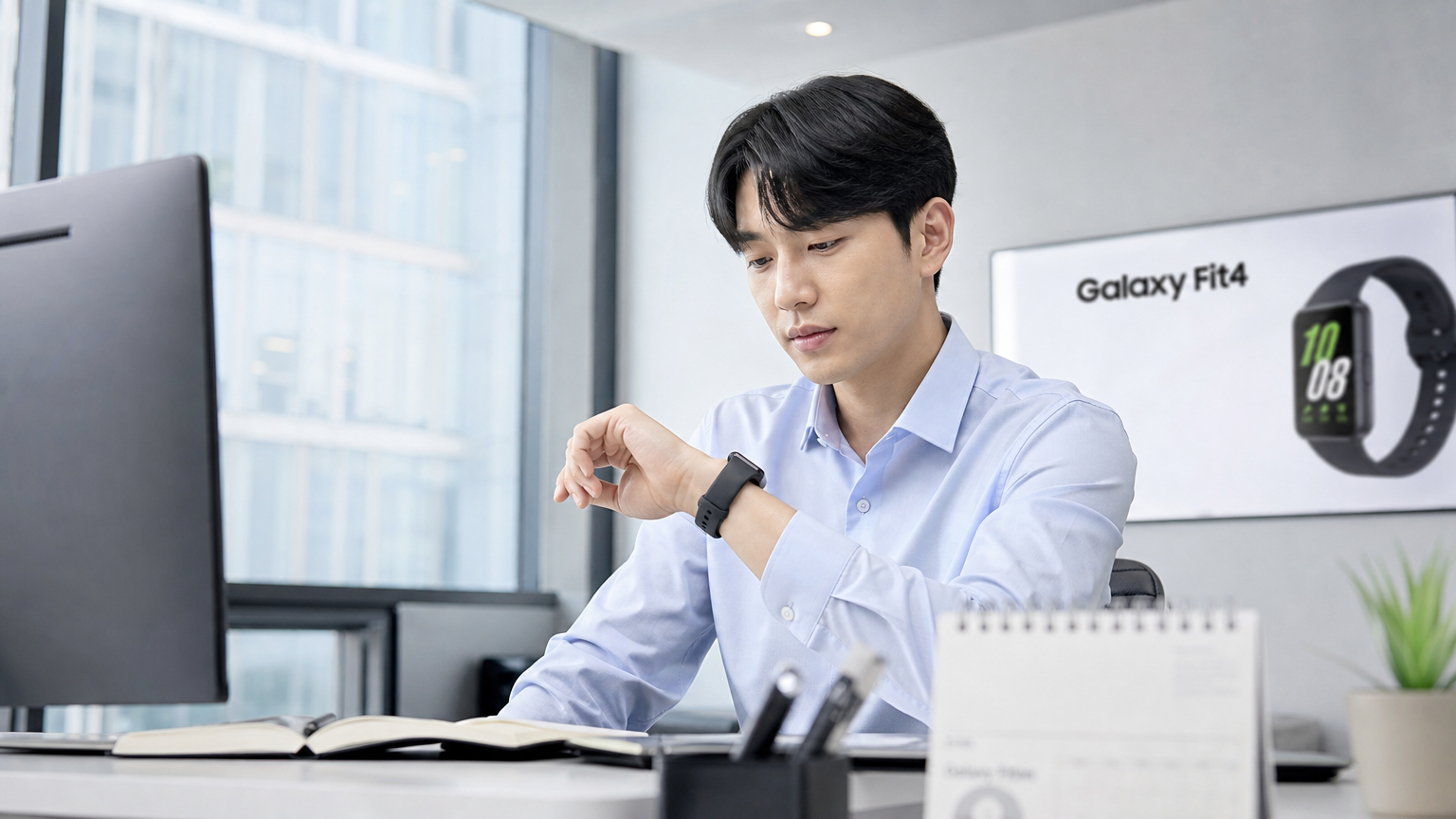 현대적인 사무실에서 갤럭시 핏4를 착용하고 있는 한국인 직장인의 모습