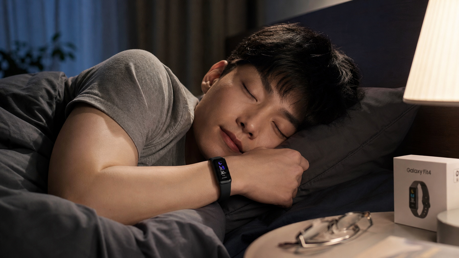 부드러운 조명이 있는 침실에서 편안하게 잠들어 있는 사람과 갤럭시 핏4 착용 모습