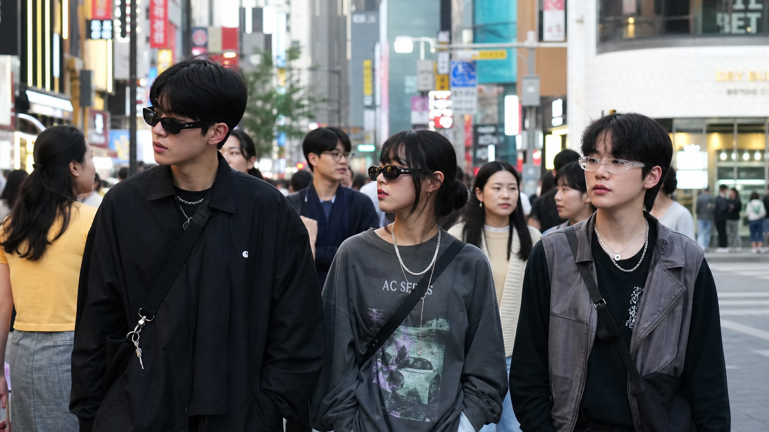 서울 거리에서 다양한 젠더리스 의상을 입고 활기찬 분위기를 연출하는 젊은 사람들