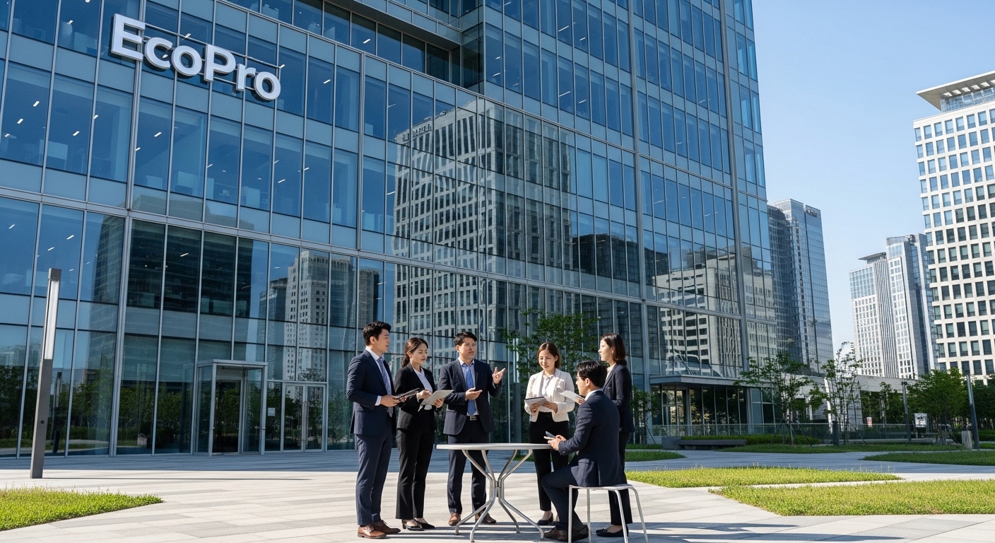 서울의 현대적인 기업 건물 앞에서 에코프로 로고와 함께 전략을 논의하는 직장인들의 모습