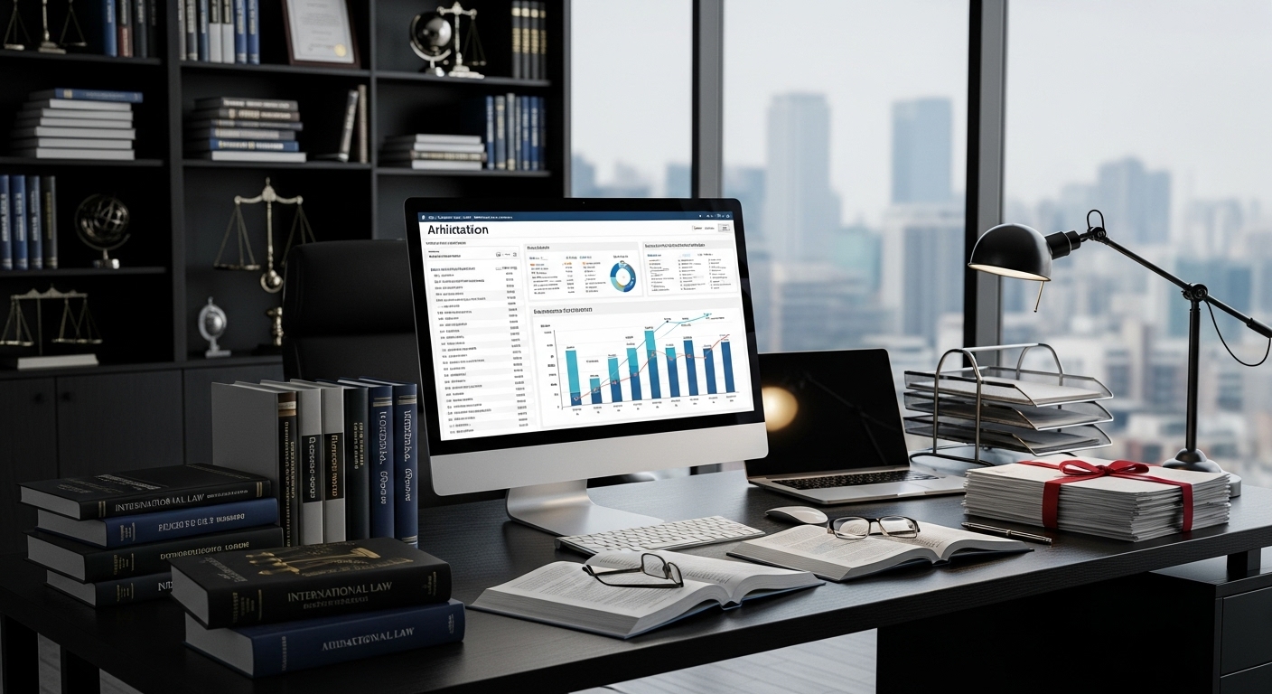 현대적인 사무실에서 책상 위에 놓인 국제법 서적들과 중재 통계가 보이는 컴퓨터 화면을 배경으로 한 진지한 분위기