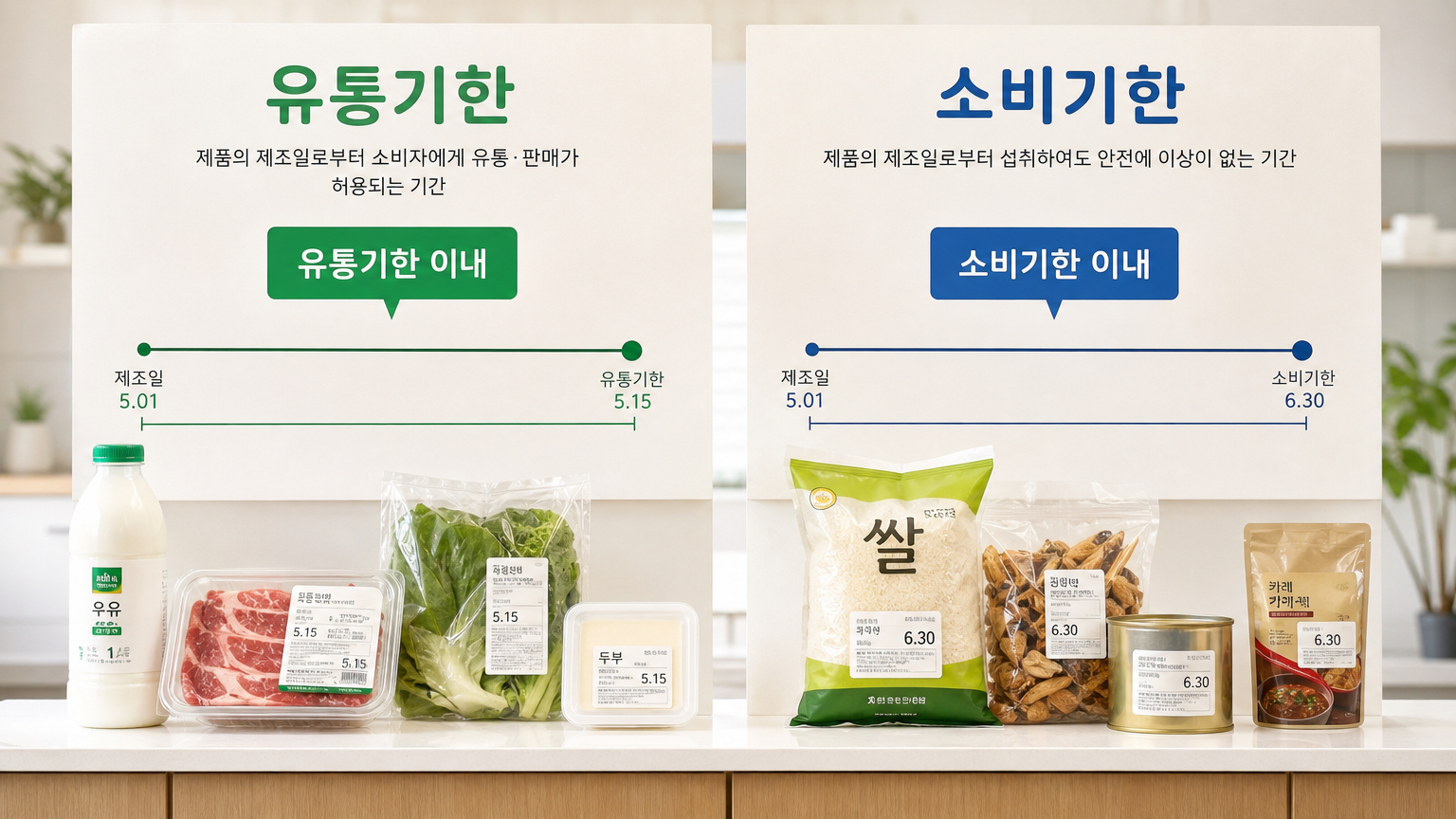 유통기한과 소비기한을 비교하는 두 개의 타임라인 모습
