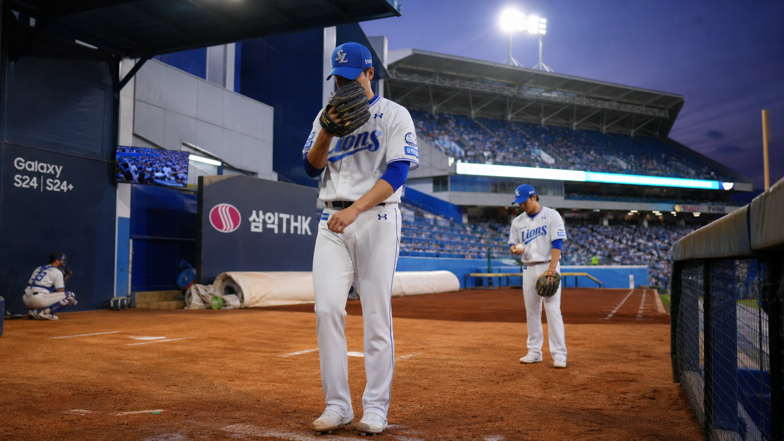 저녁 조명 아래 긴장된 분위기 속에서 몸을 풀고 있는 대구 삼성 라이온즈 파크의 불펜투수들