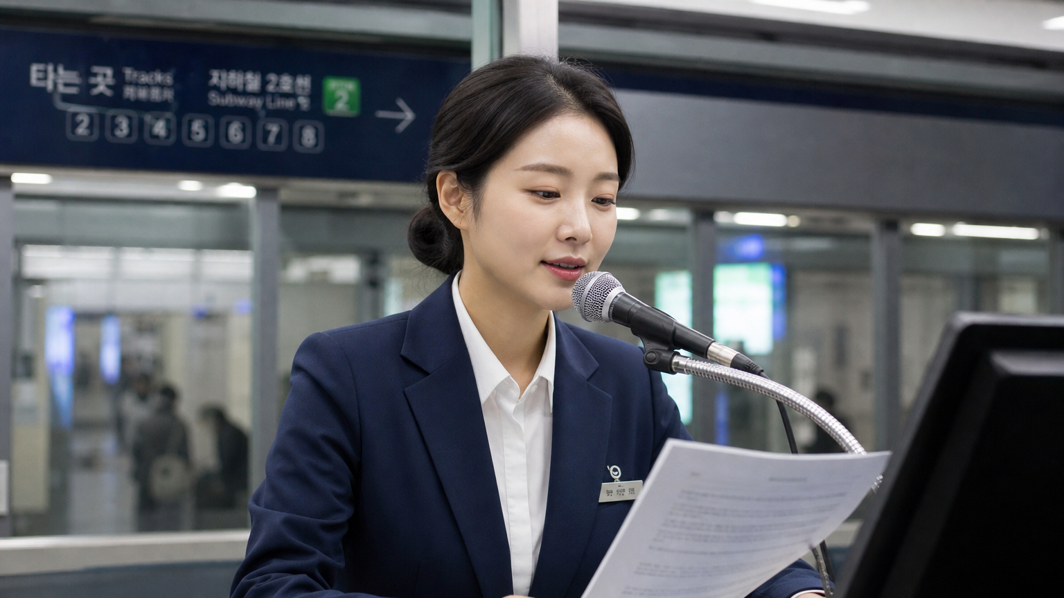 지하철역에서 안내방송을 녹음하는 현대적인 한국 여성의 모습