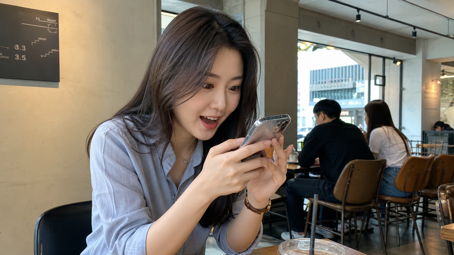한 여성이 서울의 카페에서 스마트폰으로 디즈니+ 드라마에 대해 이야기하는 모습