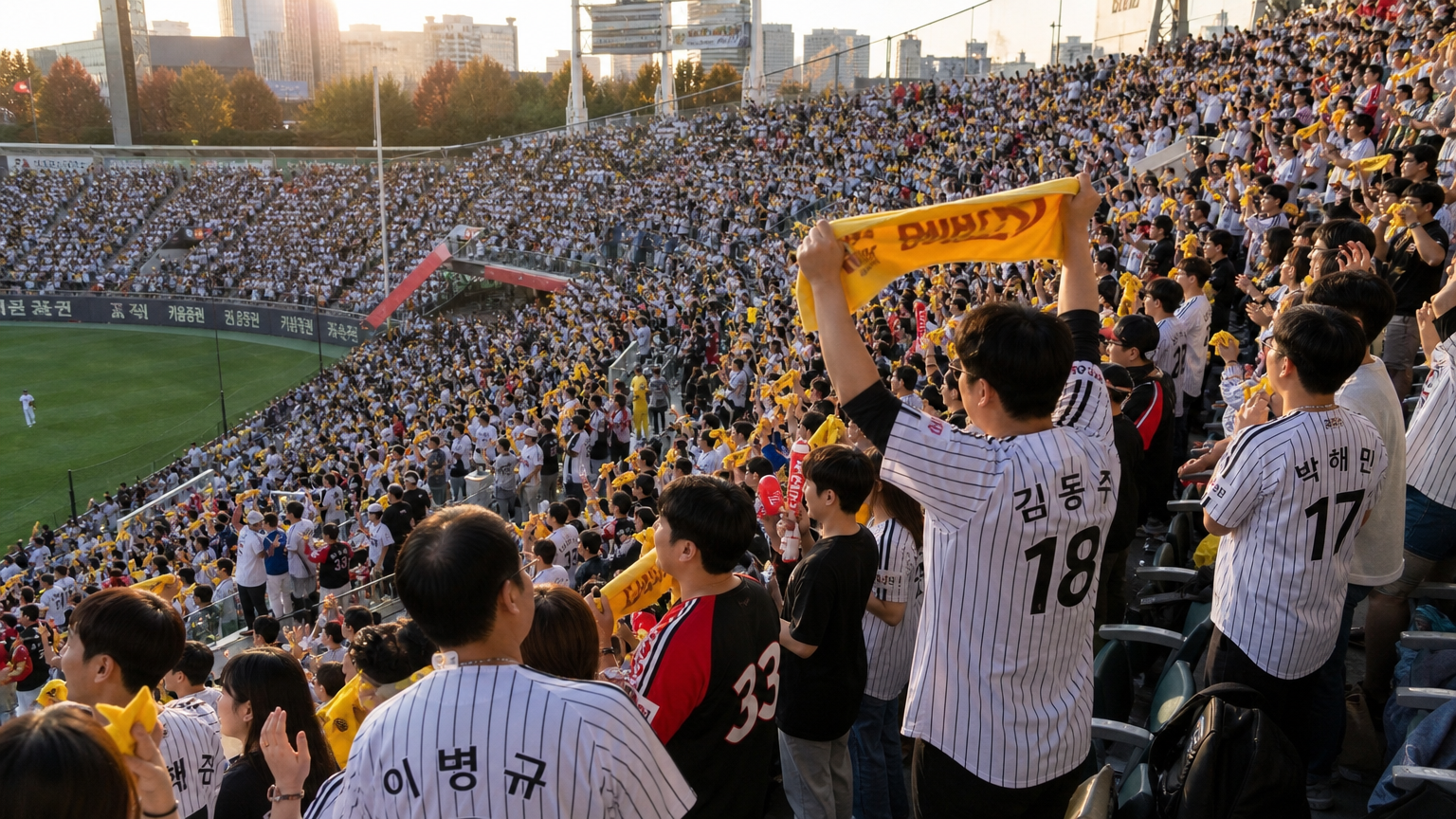 가을 오후 햇살 속에서 팀 유니폼을 입고 열광하는 팬들로 가득 찬 야구 경기장