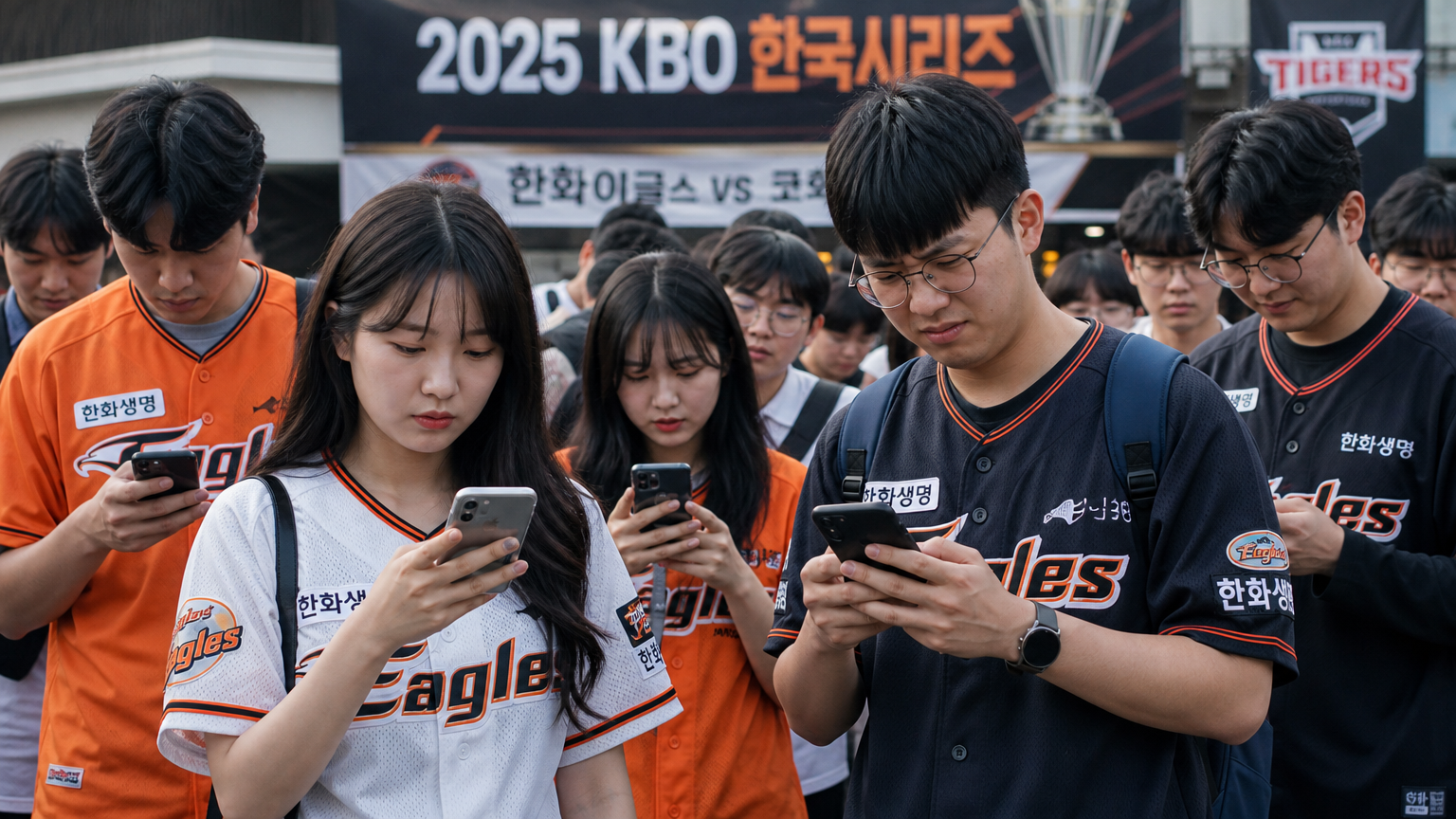 스마트폰으로 남은 경기를 확인하며 기대감에 차있는 야구팬들의 모습