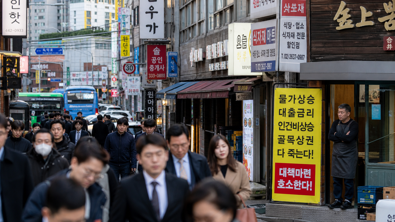 출근하는 사람들과 가게 앞에서 걱정하는 자영업자들이 있는 도시 거리