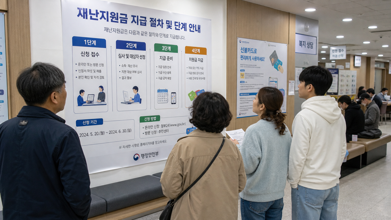 정부 사무실에서 지원금 관련 정보를 얻고 있는 다양한 사람들